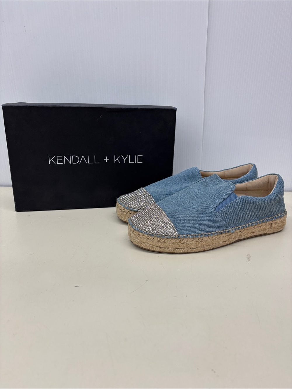 Kendall & Kylie Light Blue Denim Slip-On Espadrilles with Rhinestone Toe